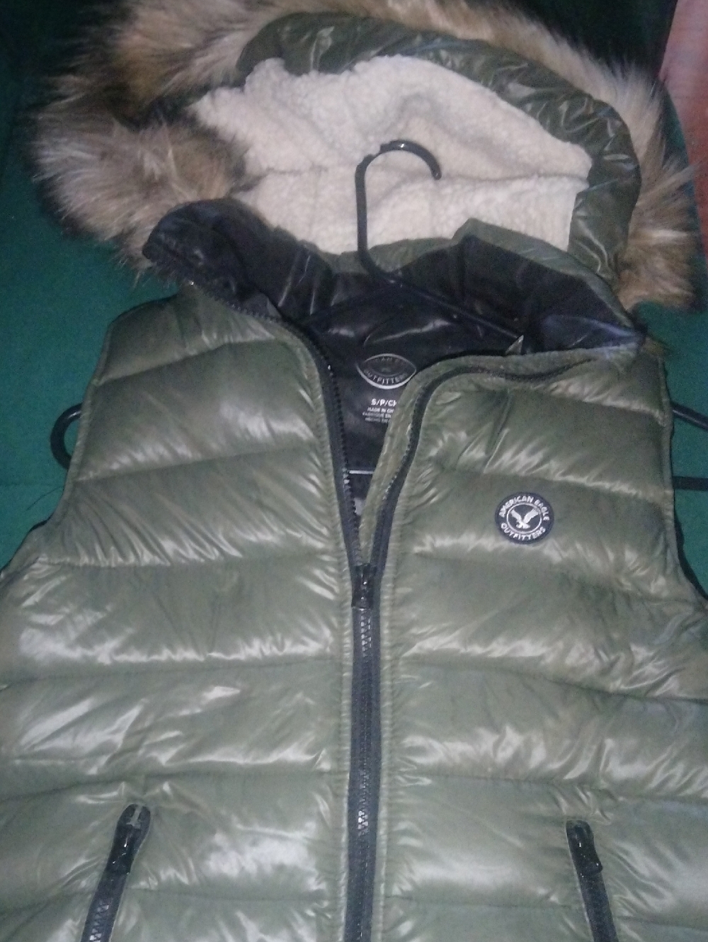 American Eagle Outfitters Women Olive Green Puffer Vest with Fur Hood